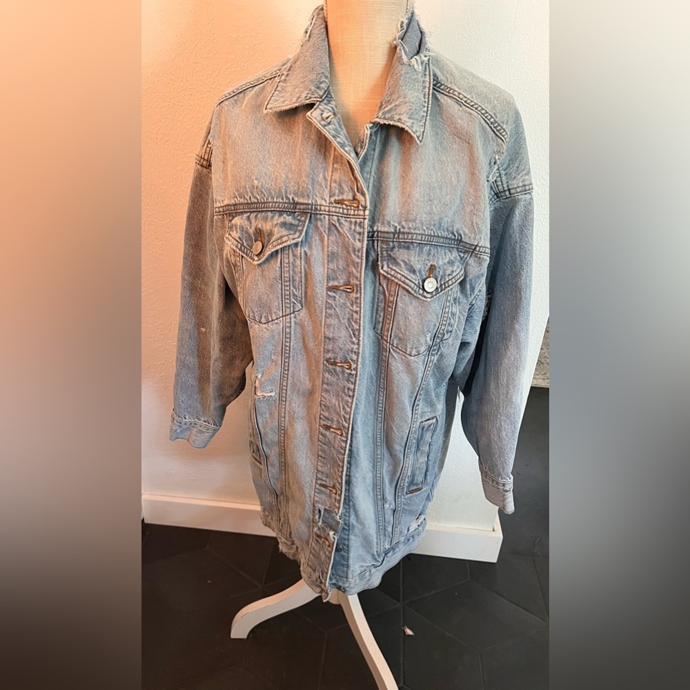 American Eagle size small oversized distressed long jean jacket - can fit a m